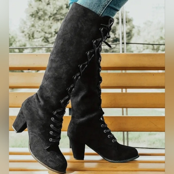 Shoes - Black Lace-Up Corset Suede Knee-High Boots